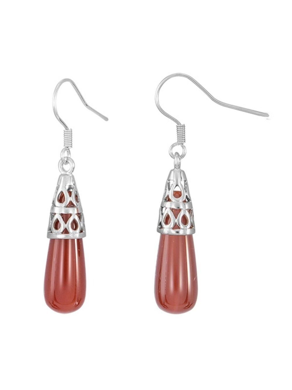 925 Sterling Silver 1-1/2" Red Agate Earrings